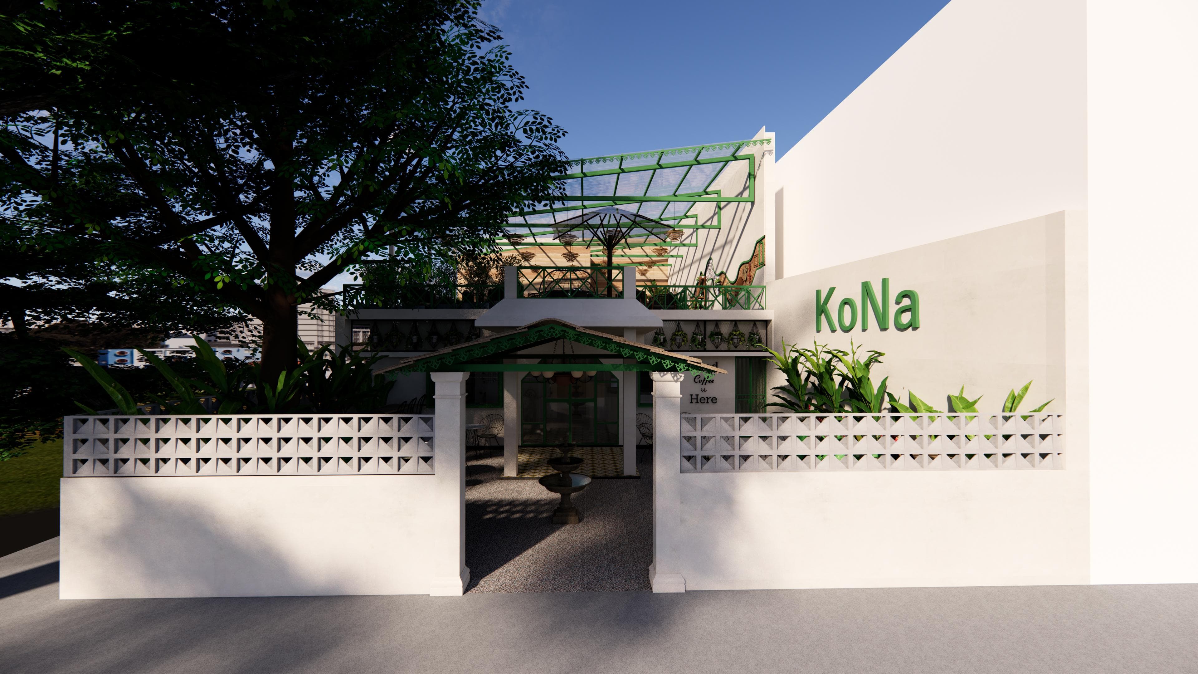 KŌNA street facade with breeze-block wall and rooftop pergola