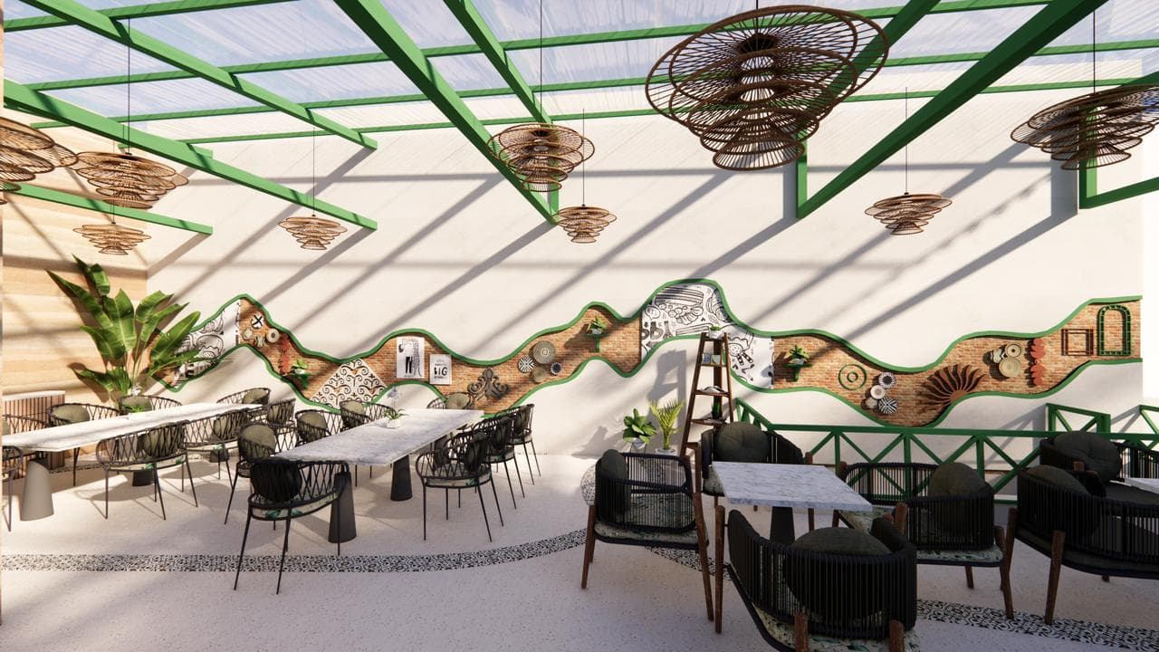 Rooftop dining with woven pendant lamps